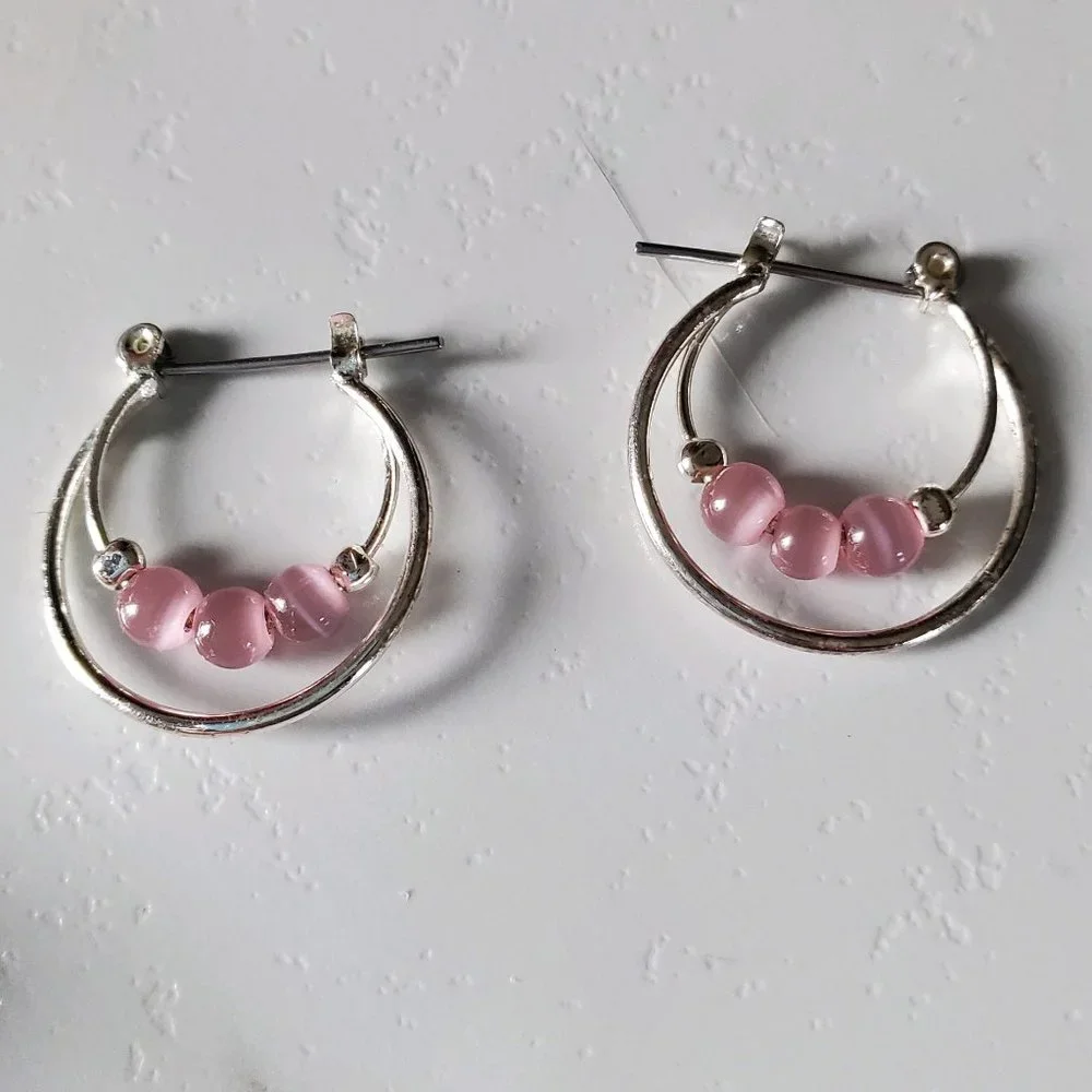 Silver tone Pink Heart Necklace and Hoop Earrings